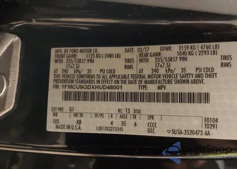 2017 Ford Escape Se z USA, uszkodzony, nr VIN 1FMCU9GDXHUD48001